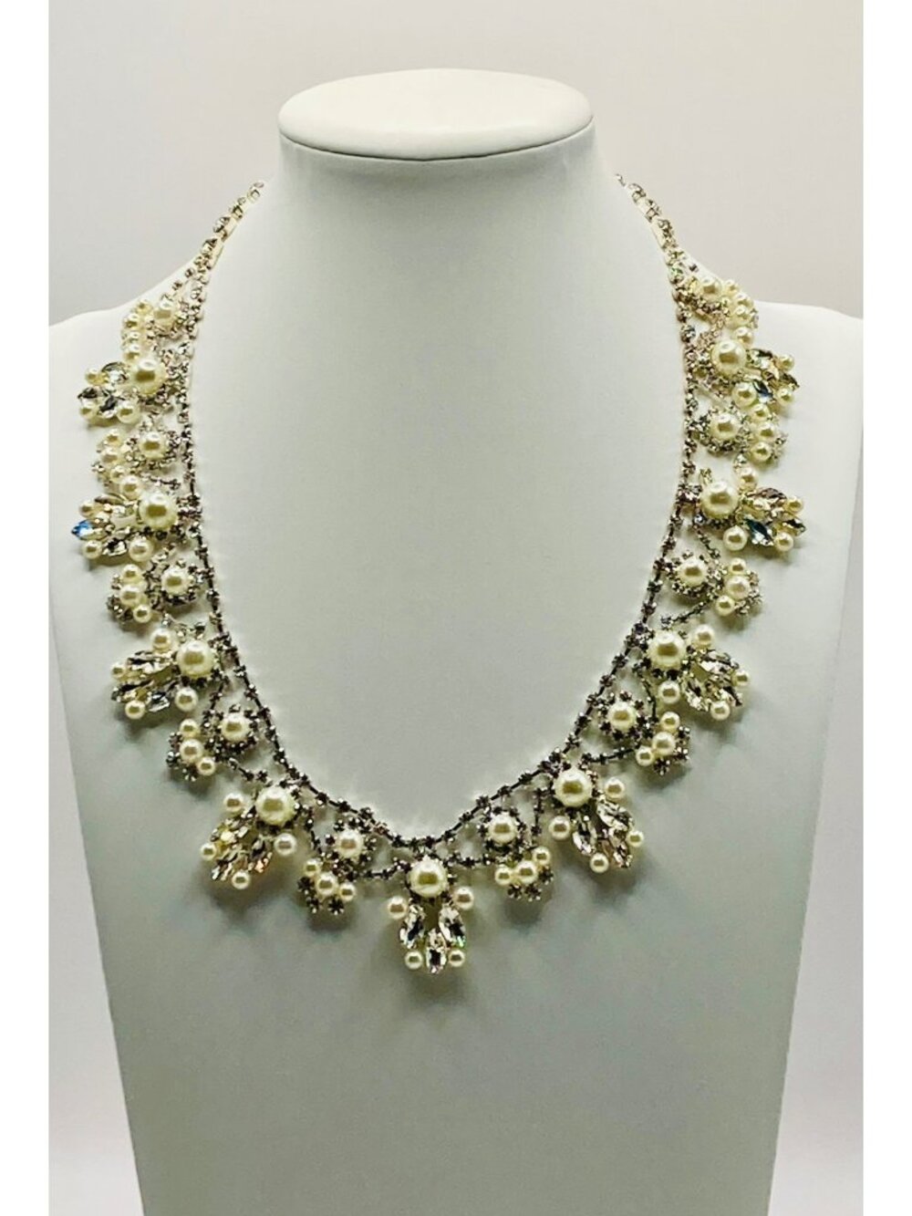 Faux Pearl & Rhinestone Statement Bridal Necklace Silver-Tone Floral Design -59B
